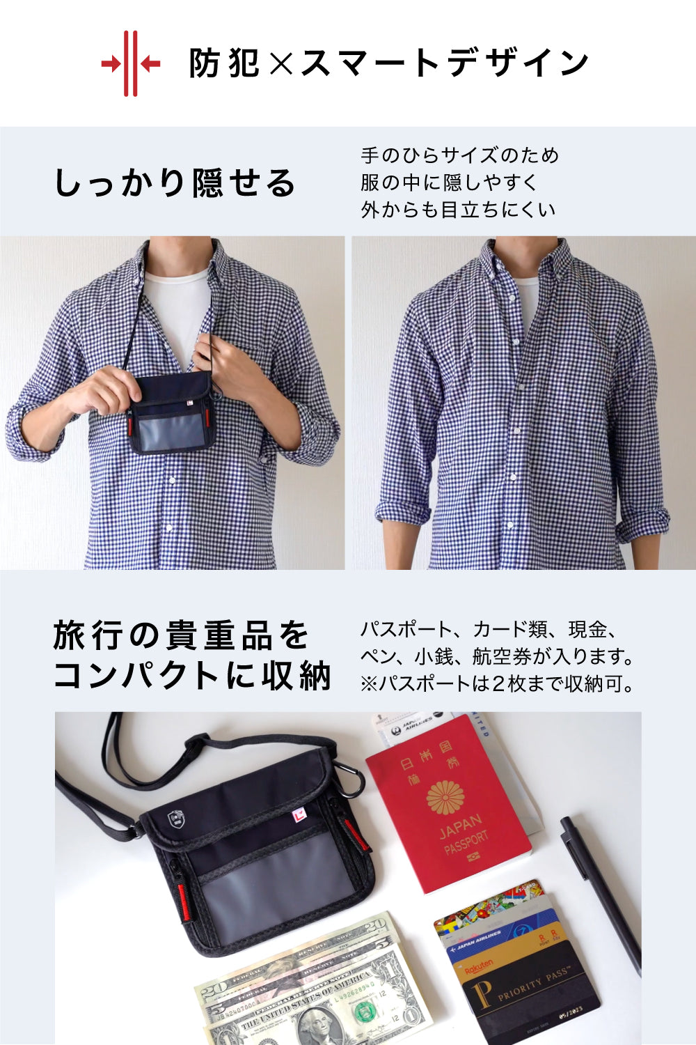 パスフィットミニ®︎ 服の中に隠せる 多収納ポケット パスポートケース スキミング防止 首下げ 撥水