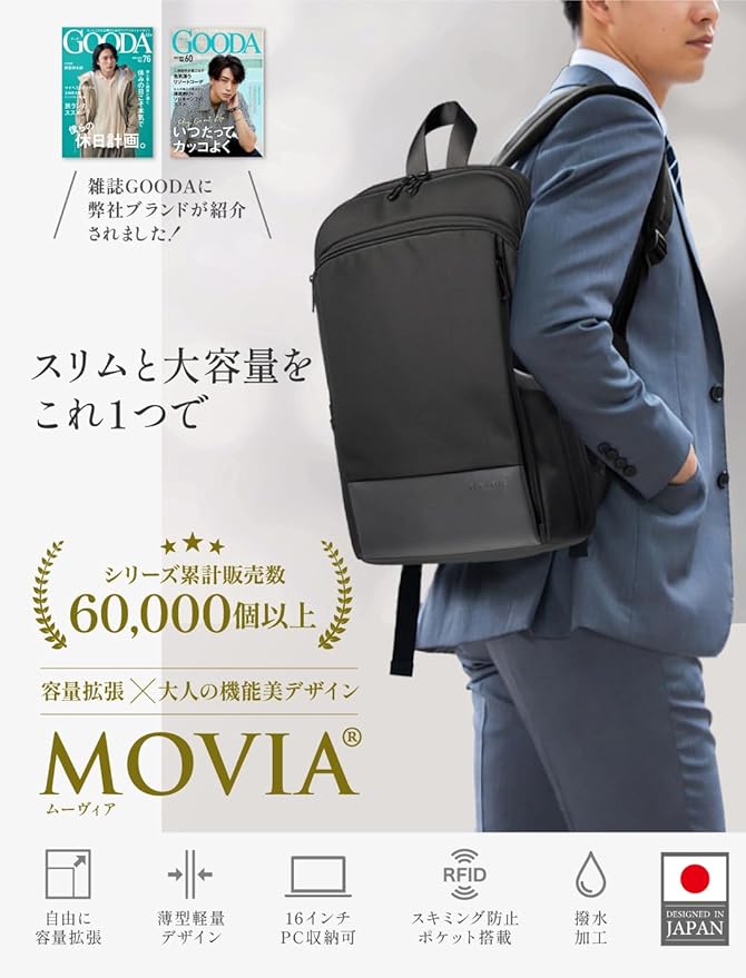 ムーヴィア（MOVIA）【スリムと大容量を１つに】容量2倍拡張可 リュック メンズ レディース 小さめ 防水 通勤 通学 ビジネスリュック