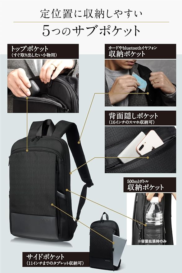 ムーヴィア（MOVIA）【スリムと大容量を１つに】容量2倍拡張可 リュック メンズ レディース 小さめ 防水 通勤 通学 ビジネスリュック