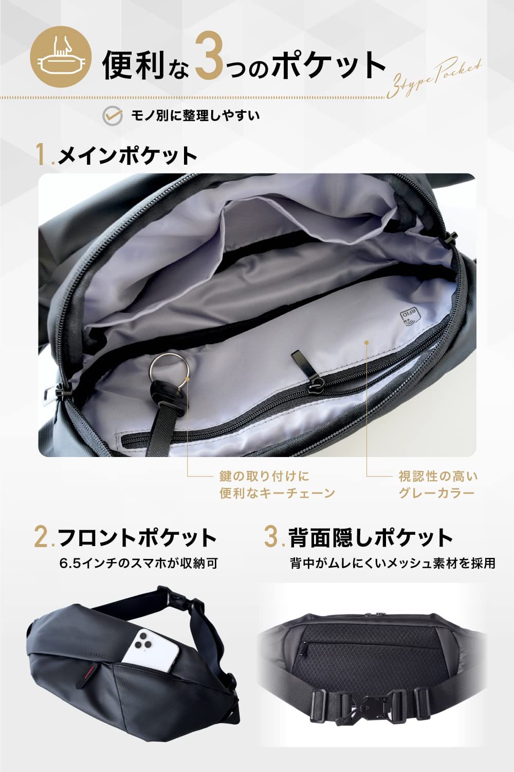 FARIE セイファス®︎ 機能強化モデル ヨーロッパデザイン×防犯性を追求 セキュリティ ボディバッグ SAFASS