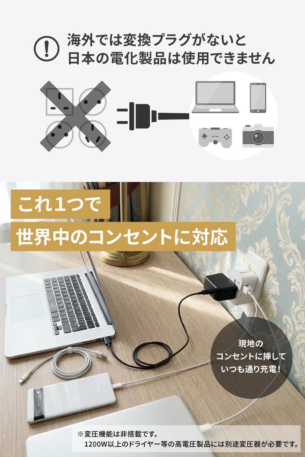 セカプラ®︎ SEKAPLU 全世界対応 海外 変換プラグ コンパクト ダブル USBポートタイプ＋タイプC延長プラグ付き