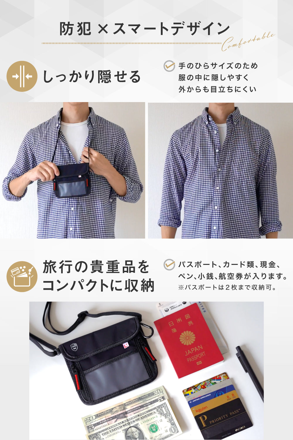 パスフィットミニ®︎ 服の中に隠せる 多収納ポケット パスポートケース スキミング防止 首下げ 撥水