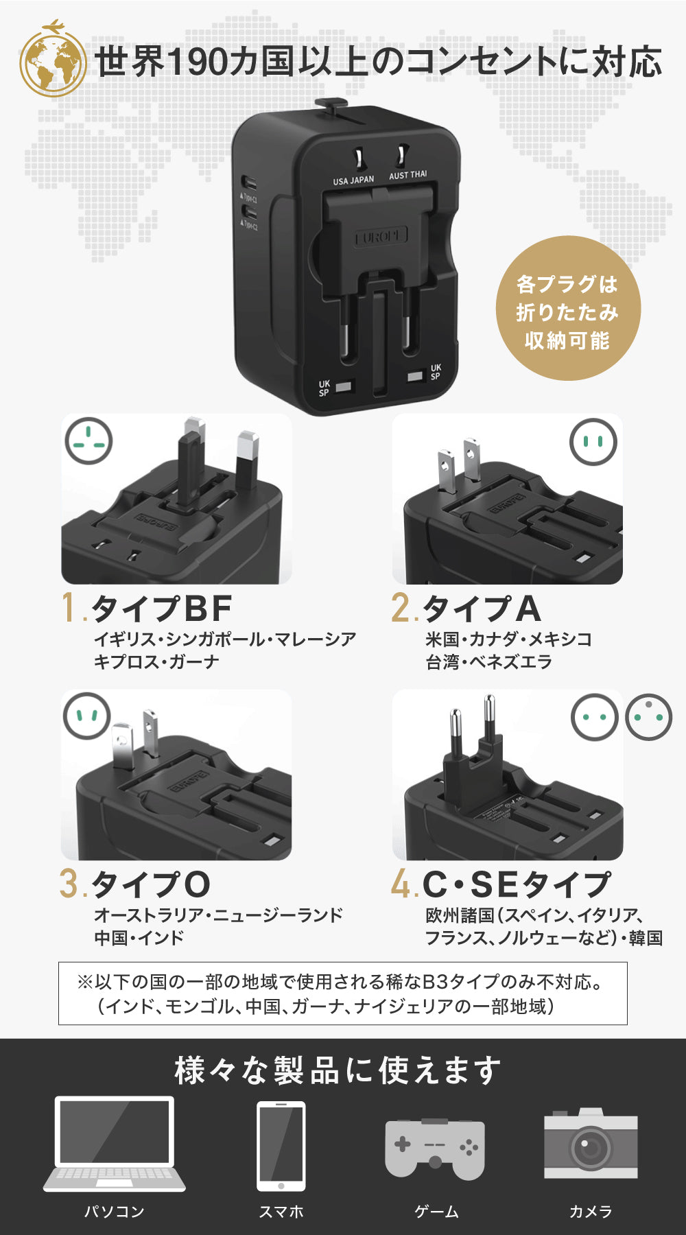 セカプラ®︎ SEKAPLU 全世界対応 海外 変換プラグ コンパクト ダブル USBポートタイプ＋タイプC延長プラグ付き