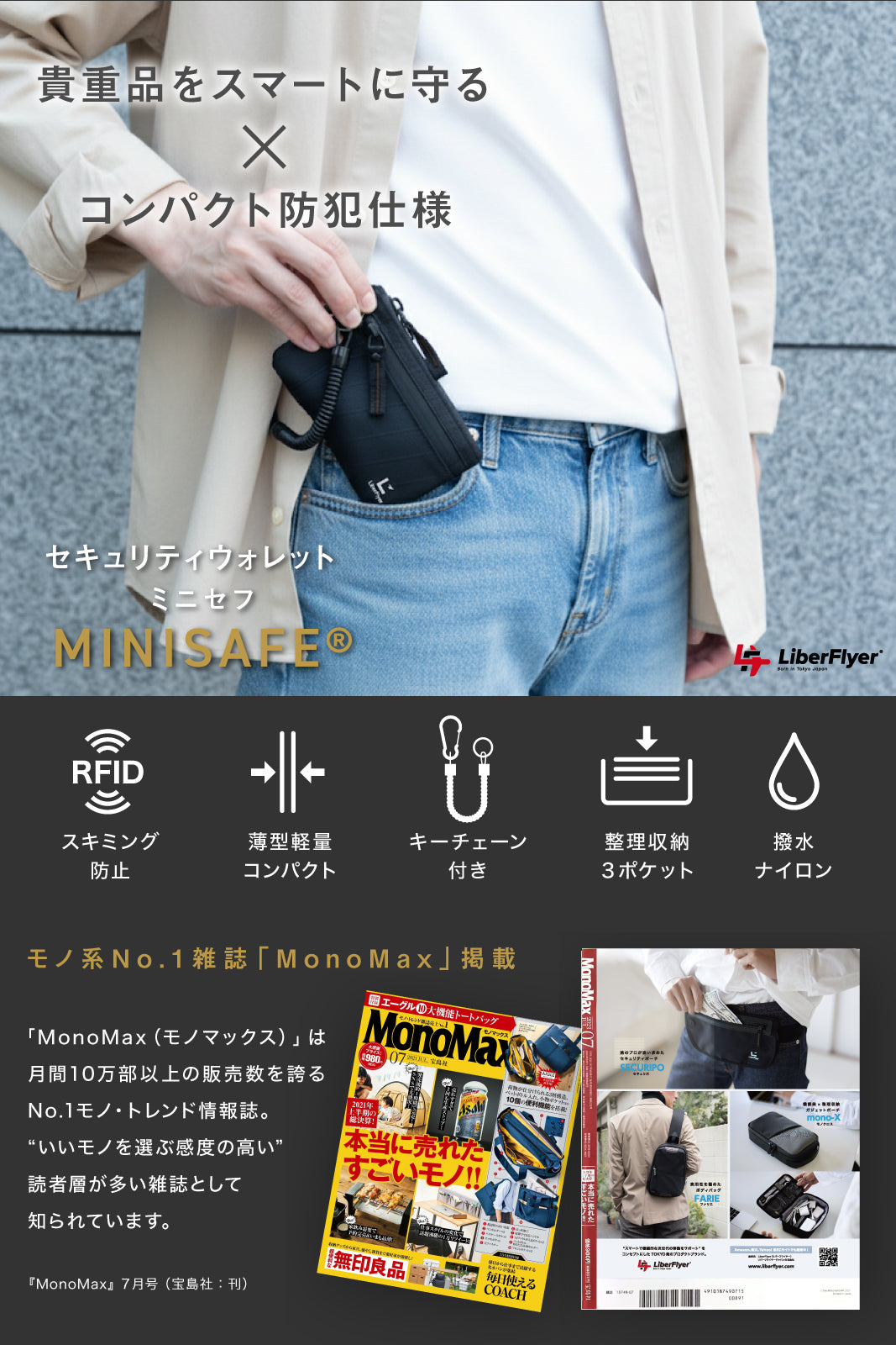 MINISAFE®︎ ミニセフ ミニマム防犯デザイン×スキミング防止 ミニ 財布 トラベルウォレット メンズ レディース 薄型 海外旅行 防犯 撥水 キーチェーン付き（新素材モデル）